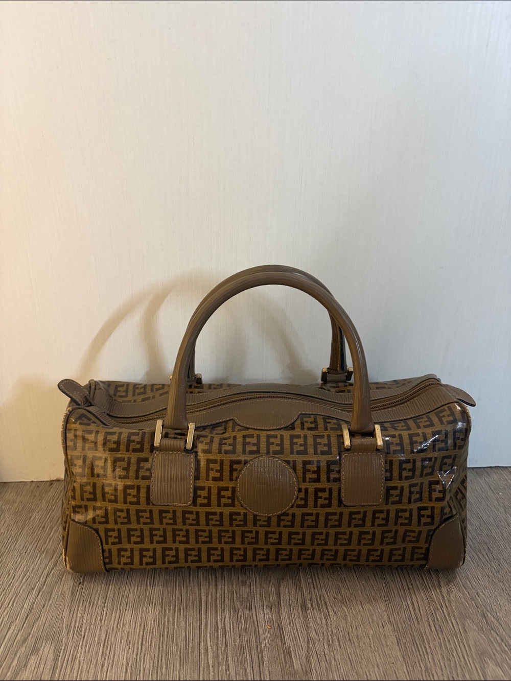 Fendi Brown FF Patent Coated Canvas Small Boston Bag